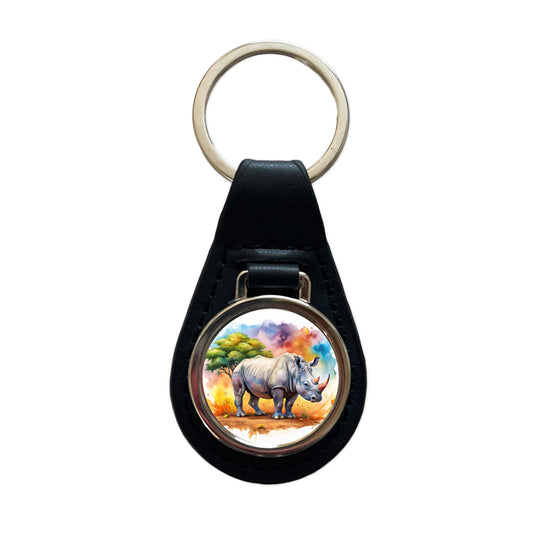 Rhinoceros African Plain Watercolor Design Black Leather Metal Keychain