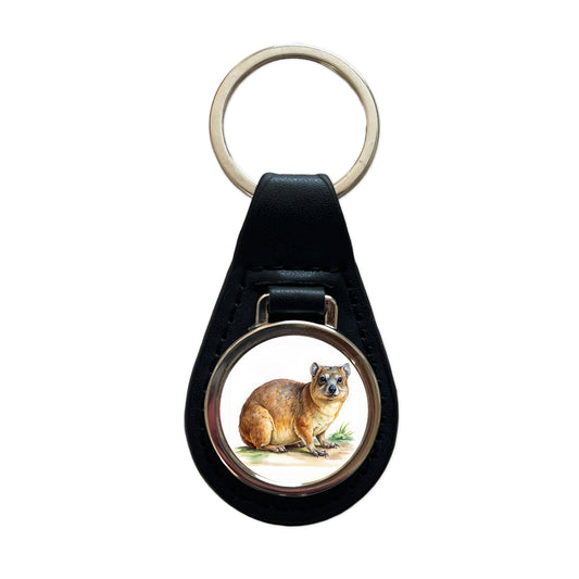 Rock Hyrax Dassie Watercolor Black Leather Metal Keychain