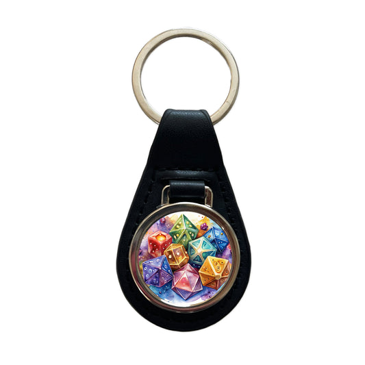 Role Playing Game Dice Watercolor Design Black Leather Metal Keychain