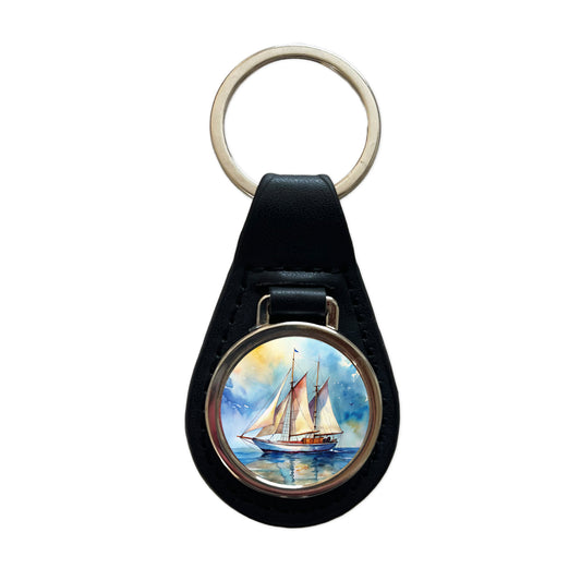 Sailboat At Sea Watercolor Design Black Leather Metal Keychain