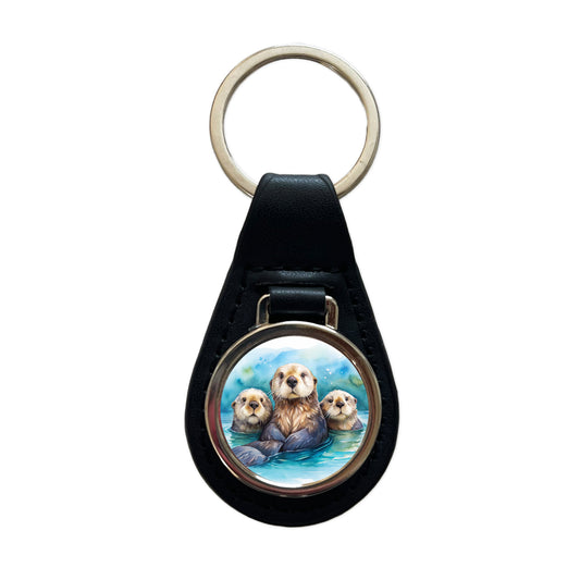 Sea Otters Watercolor Design Black Leather Metal Keychain