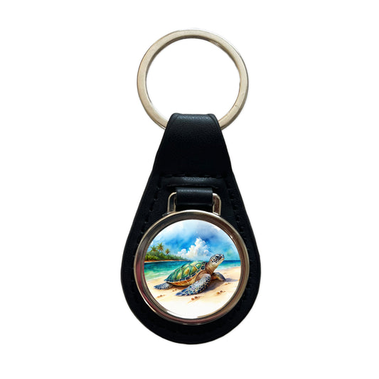 Sea Turtle Beach Watercolor Design Black Leather Metal Keychain