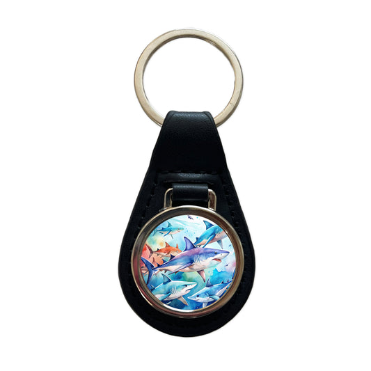 Sharks Watercolor Design Black Leather Metal Keychain
