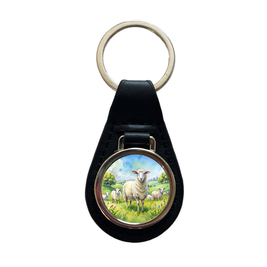 Sheep In Meadow Watercolor Design Black Leather Metal Keychain
