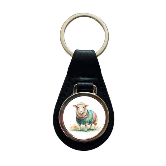 Sheep Wearing A Sweater Watercolor Black Leather Metal Keychain