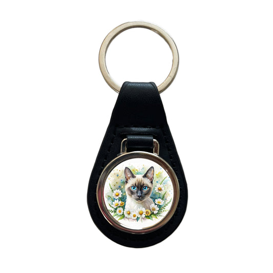 Siamese Cat Watercolor Design With Daisies Black Leather Metal Keychain
