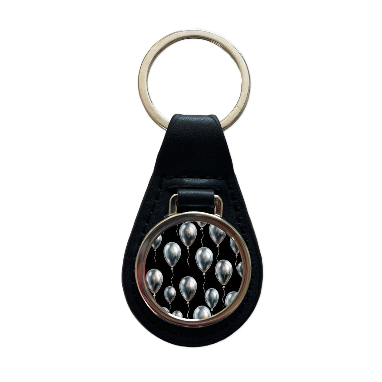 Silver Balloons Black Background Birthday Anniversary Black Leather Metal Keychain