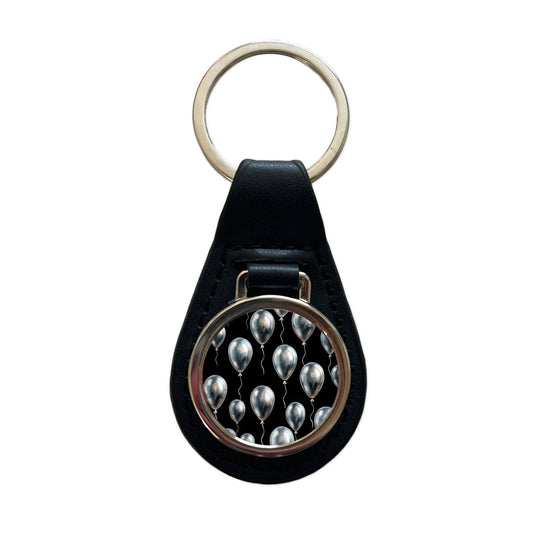 Silver Balloons Black Background Birthday Anniversary Black Leather Metal Keychain