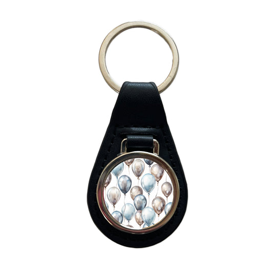 Silver Balloons Watercolor Birthday Anniversary Black Leather Metal Keychain