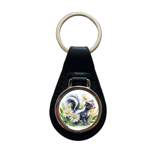 Skunk Watercolor Design With Daisies Black Leather Metal Keychain