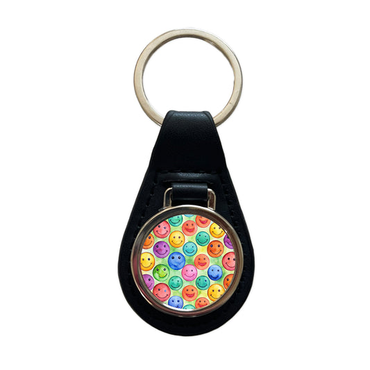 Smile Faces Watercolor Black Leather Metal Keychain