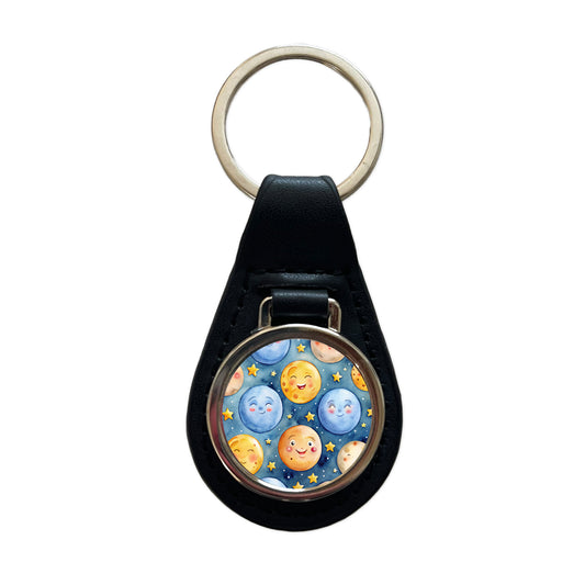 Smiling Moons Watercolor Black Leather Metal Keychain