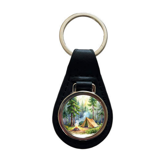 Solo Camping In Forest Watercolor Design Black Leather Metal Keychain