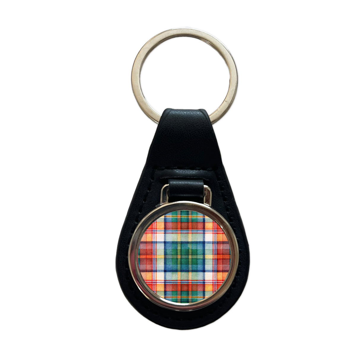 Tartan Plaid Watercolor Black Leather Metal Keychain