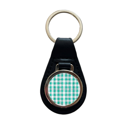 Teal White Gingham Watercolor Black Leather Metal Keychain
