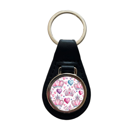Tiaras Crowns Royalty Hearts Watercolor Black Leather Metal Keychain