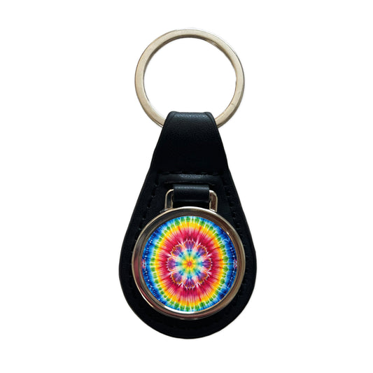Tie Dye Pattern Watercolor Black Leather Metal Keychain