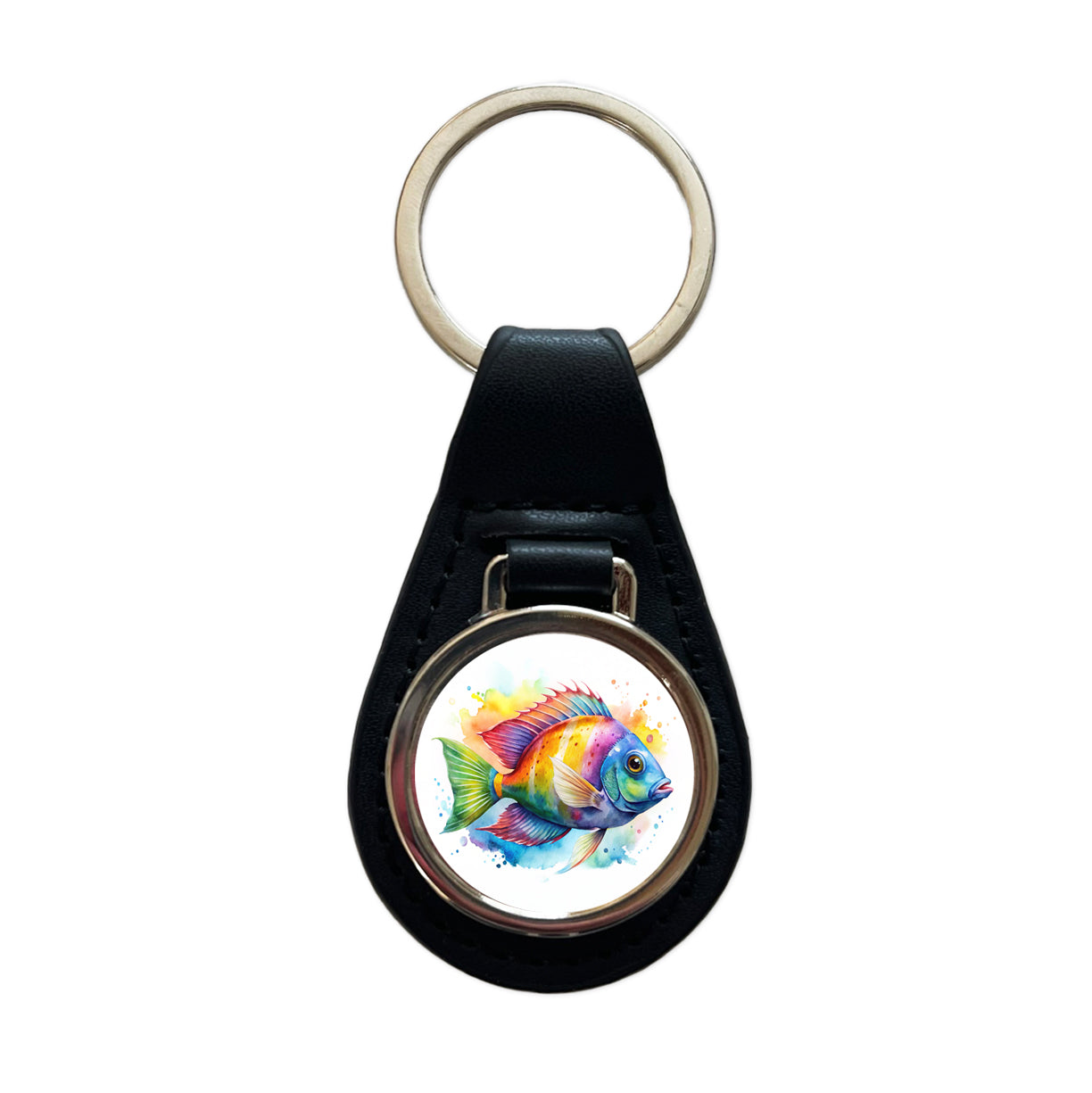 Tropical Fish Watercolor Design Black Leather Metal Keychain