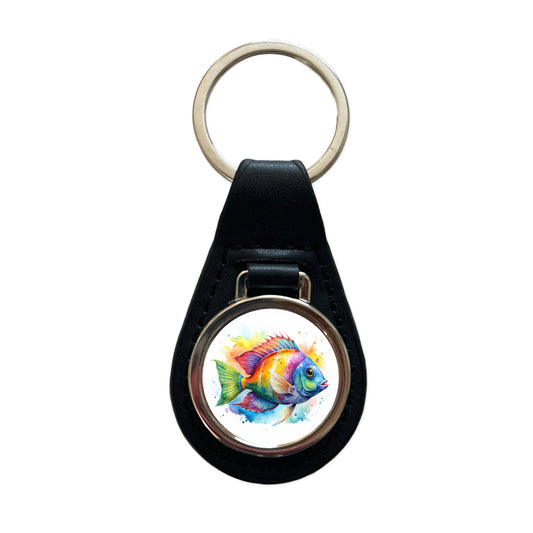 Tropical Fish Watercolor Design Black Leather Metal Keychain
