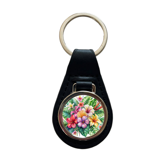 Tropical Flowers Watercolor Design Black Leather Metal Keychain