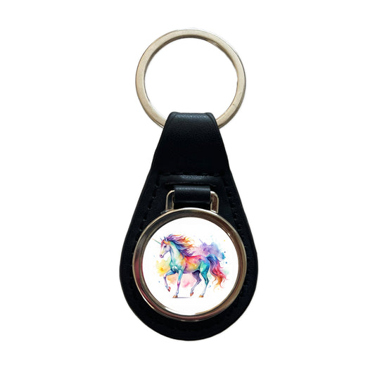 Unicorn Beautiful Watercolor Design Black Leather Metal Keychain