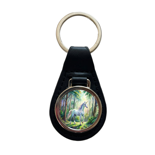 Unicorn In Forest Stunning Watercolor Design Black Leather Metal Keychain