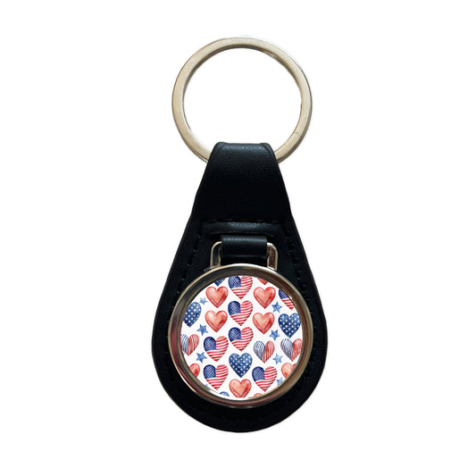 USA American Flags Hearts 4th of July Patriotic Watercolor Black Leather Metal Keychain