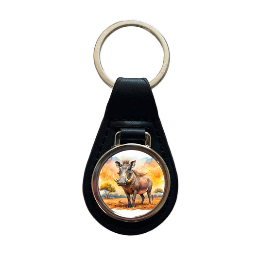 Warthog African Plain Watercolor Design Black Leather Metal Keychain