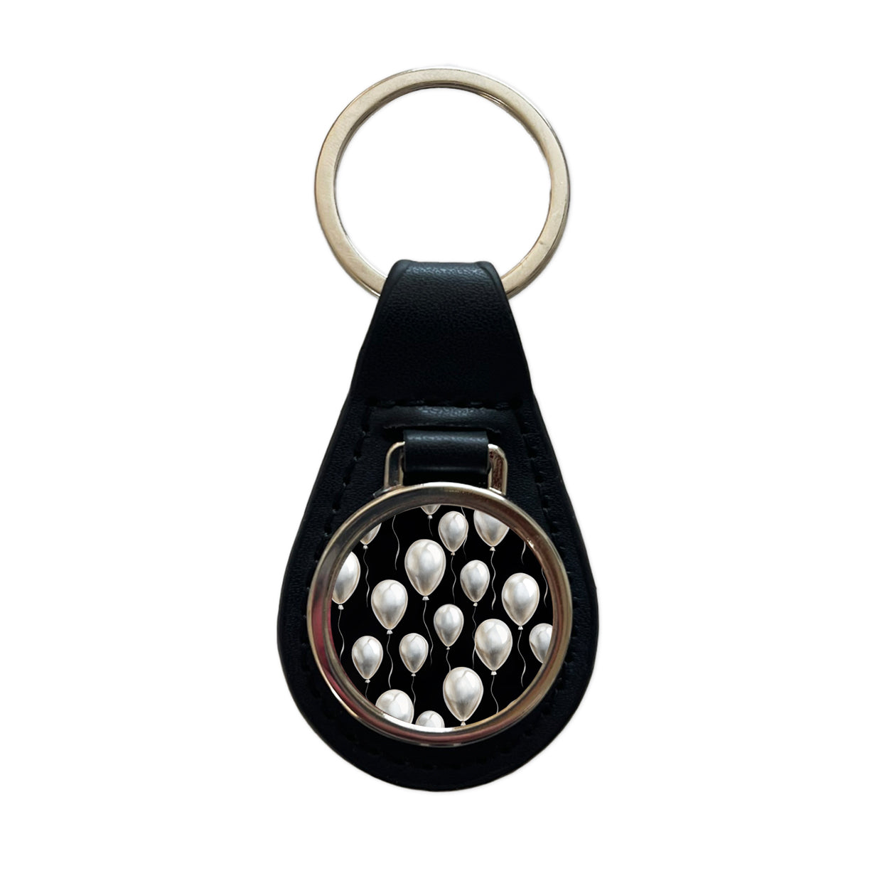 White Balloons Black Background Birthday Black Leather Metal Keychain