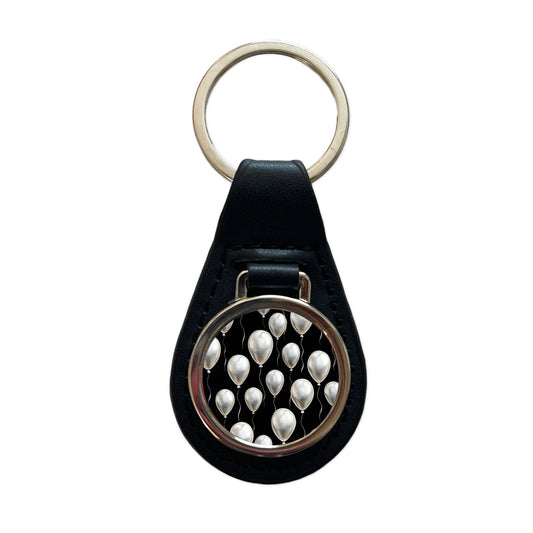 White Balloons Black Background Birthday Black Leather Metal Keychain