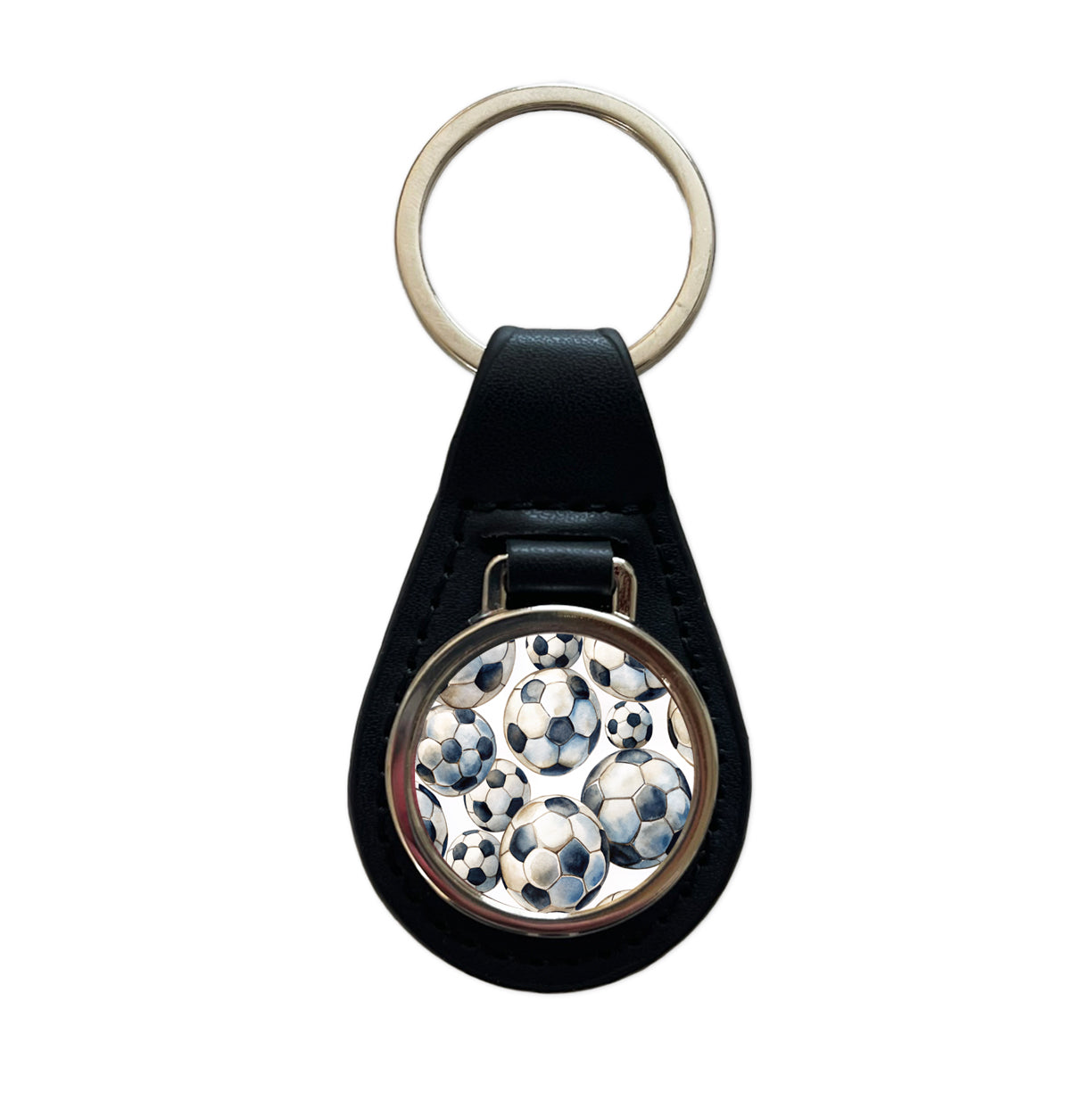 White Black Soccer Balls Watercolor Black Leather Metal Keychain