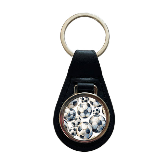 White Black Soccer Balls Watercolor Black Leather Metal Keychain
