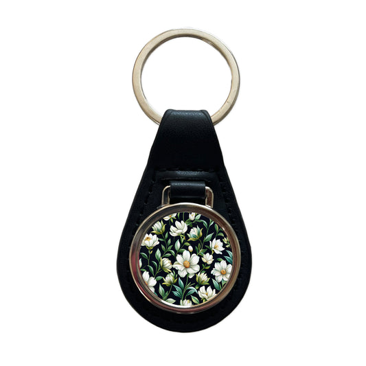 White Flowers Black Background Black Leather Metal Keychain