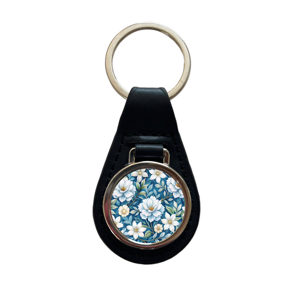White Flowers Blue Background Black Leather Metal Keychain