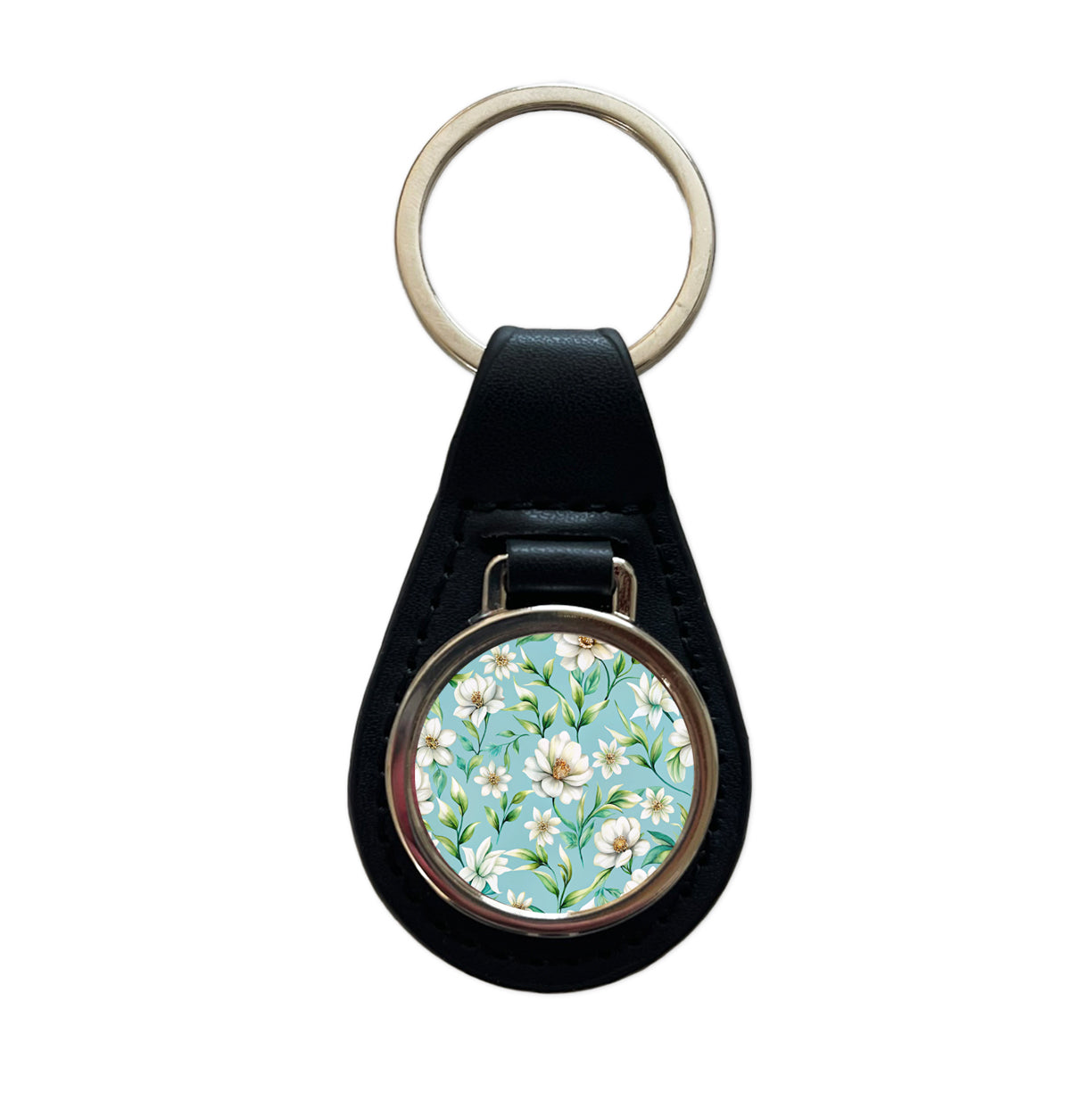 White Flowers Light Blue Background Black Leather Metal Keychain