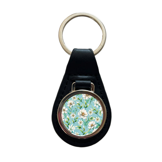 White Flowers Light Blue Background Black Leather Metal Keychain