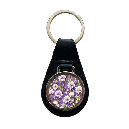 White Flowers Purple Background Black Leather Metal Keychain