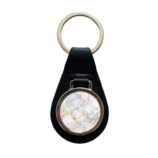 White Gold Marble Background Watercolor Black Leather Metal Keychain