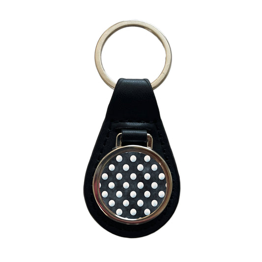 White Polka Dots Black Background Black Leather Metal Keychain