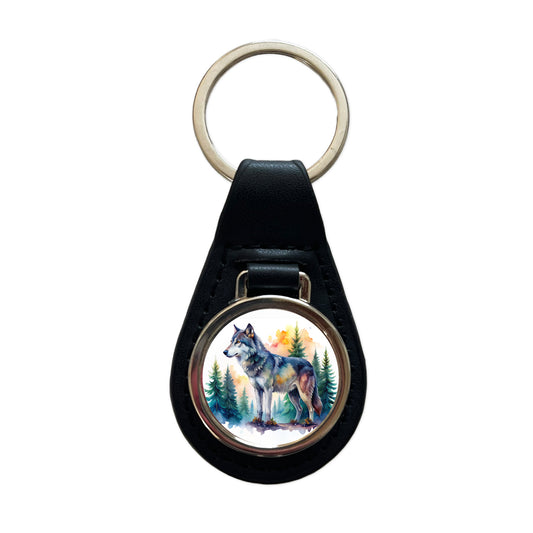 Wolf In Forest Watercolor Design Black Leather Metal Keychain