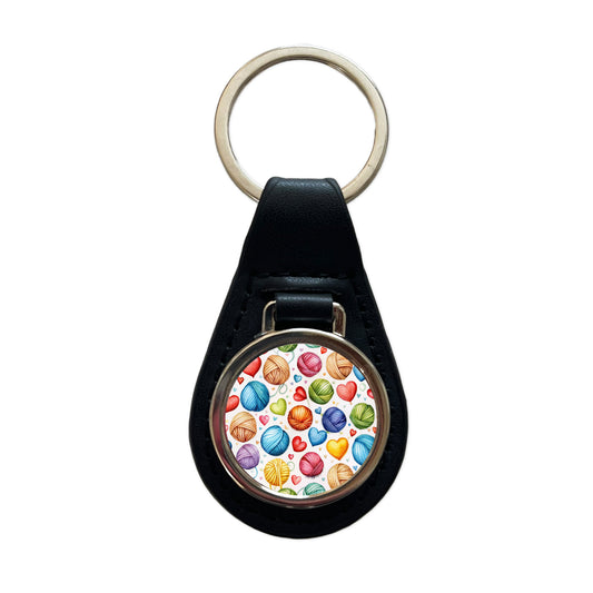 Yarn Knitting Crochet Balls Hearts Watercolor Black Leather Metal Keychain