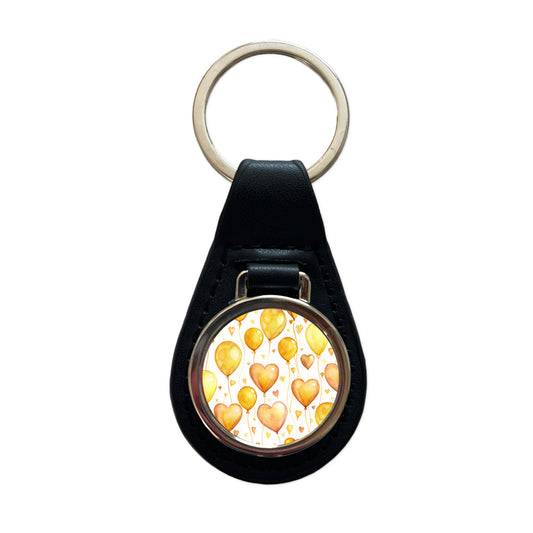 Yellow Balloons Hearts Watercolor Black Leather Metal Keychain