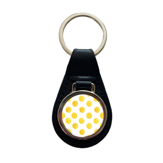 Yellow Polka Dots White Background Black Leather Metal Keychain