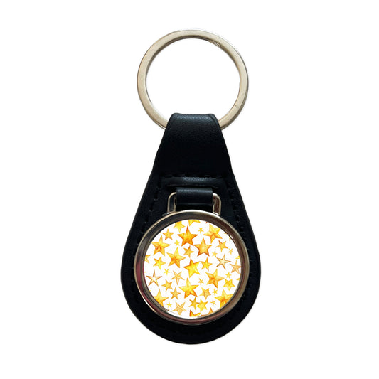 Yellow Stars Watercolor Black Leather Metal Keychain