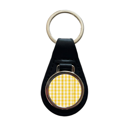 Yellow White Gingham Watercolor Black Leather Metal Keychain