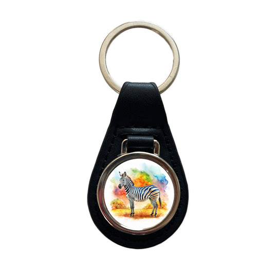 Zebra African Plain Watercolor Design Black Leather Metal Keychain