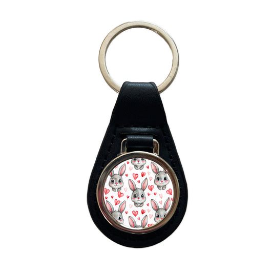 Adorable Gray Bunnies And Hearts Black Leather Metal Keychain