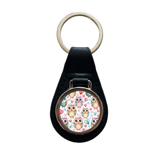 Adorable Owls And Hearts Black Leather Metal Keychain
