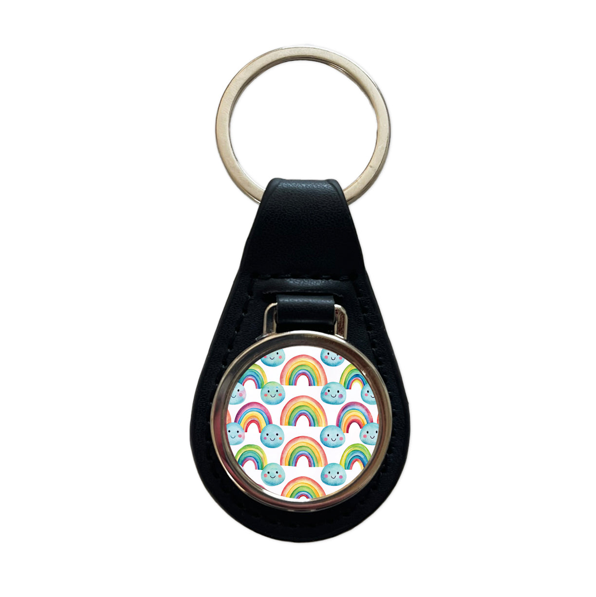 Adorable Smiling Rainbows Clouds Black Leather Metal Keychain