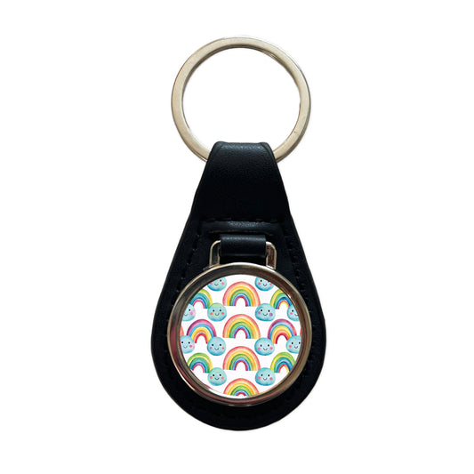 Adorable Smiling Rainbows Clouds Black Leather Metal Keychain
